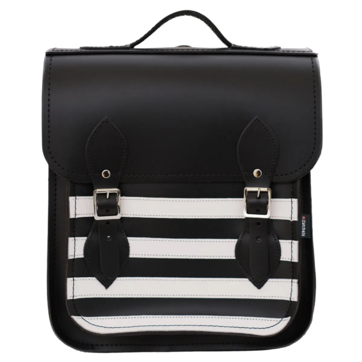 Zatchels Handmade Leather City Backpack - Gothic Striped White & Black>Women Backpacks|Backpacks