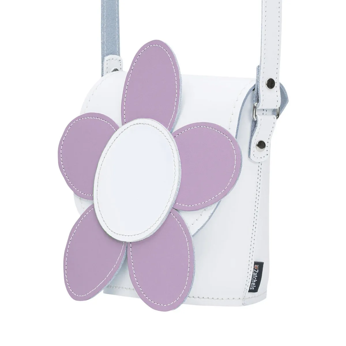 Zatchels Handmade Leather Daisy Barrel Bag - White & Violet>Women Barrel Bags