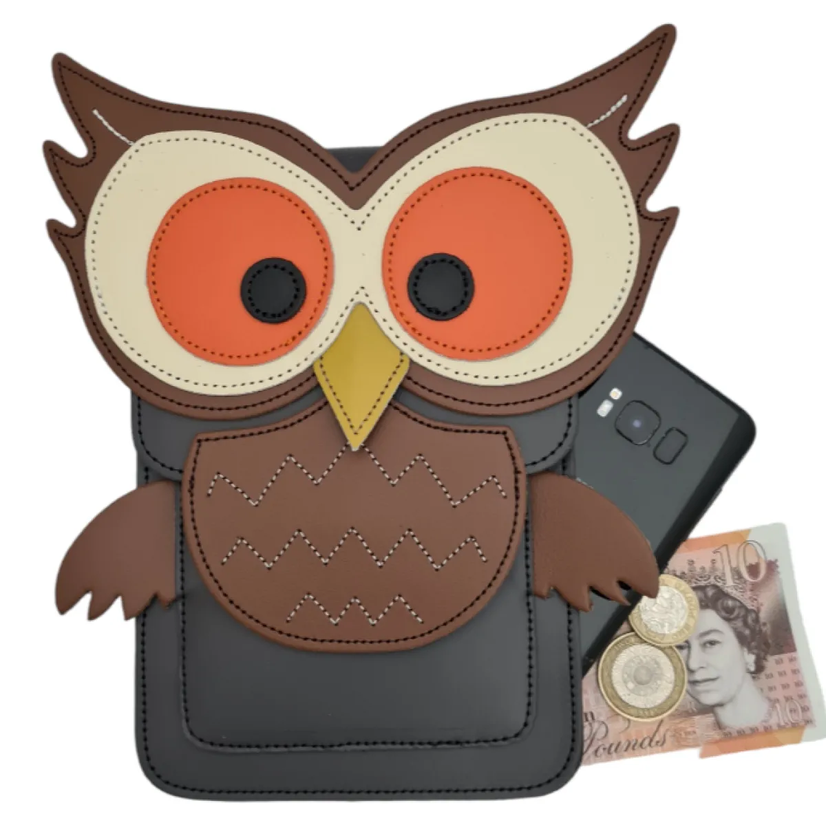 Zatchels Handmade Leather Mobile Phone Pouch Plus - Hoot Owl - Graphite>Women Phone Bags|Men's Phone Bags