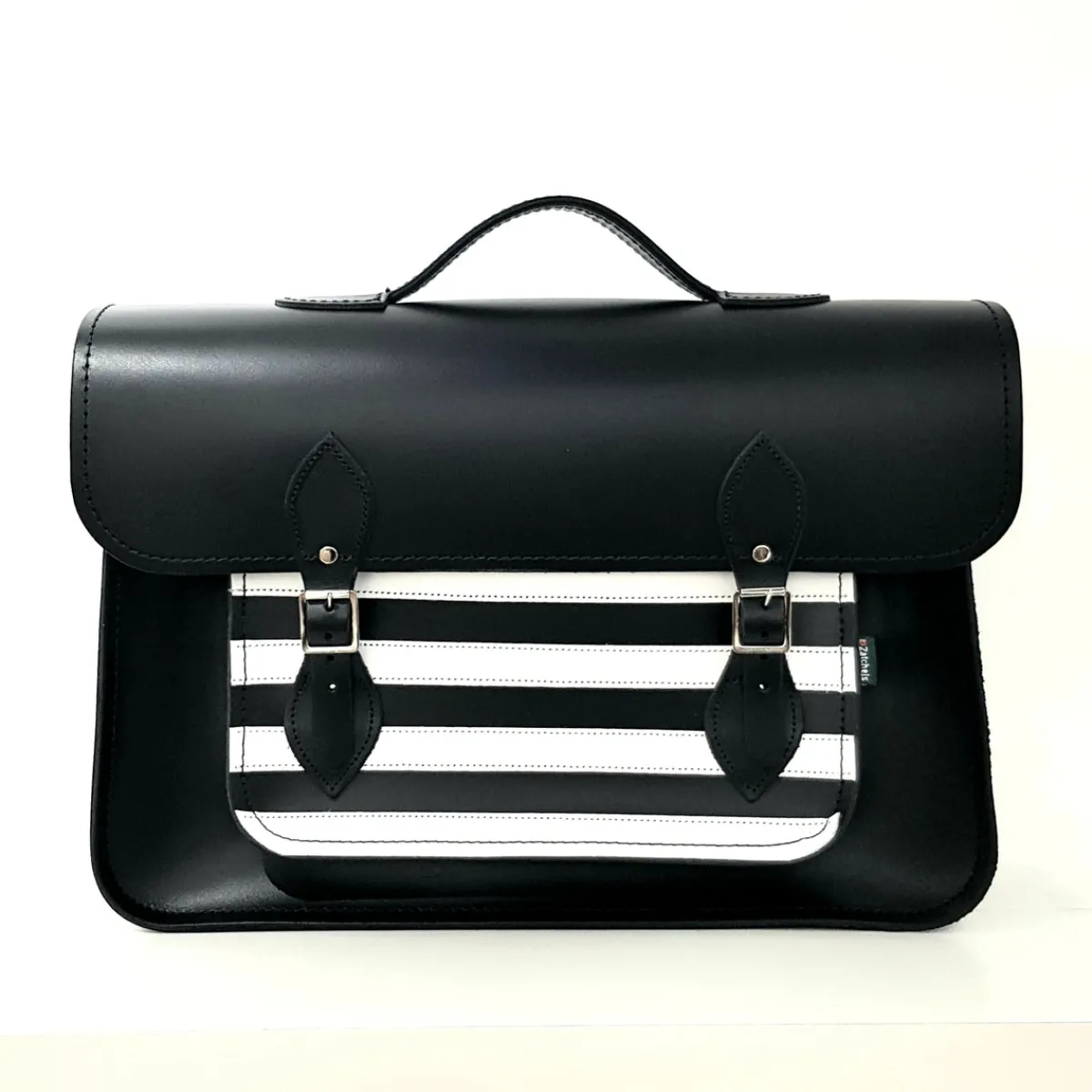 Zatchels Handmade Leather Satchel - Gothic Striped White & Black> Classic Satchels