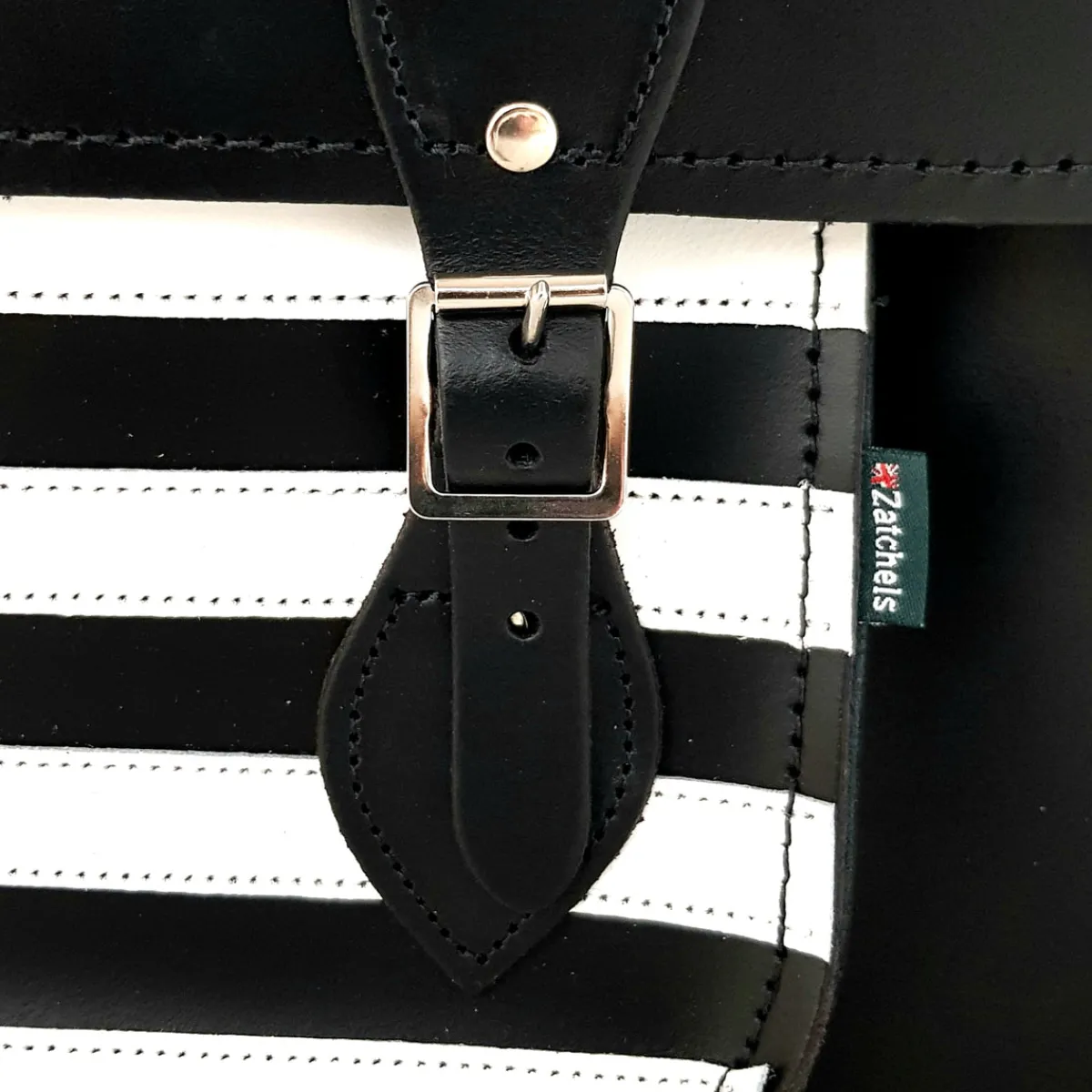 Zatchels Handmade Leather Satchel - Gothic Striped White & Black> Classic Satchels
