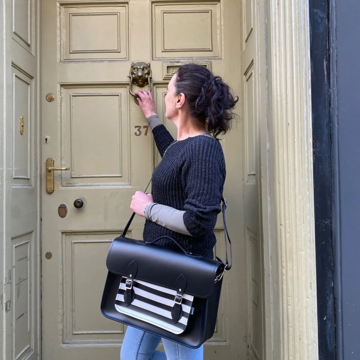 Zatchels Handmade Leather Satchel - Gothic Striped White & Black><noscript><img width=