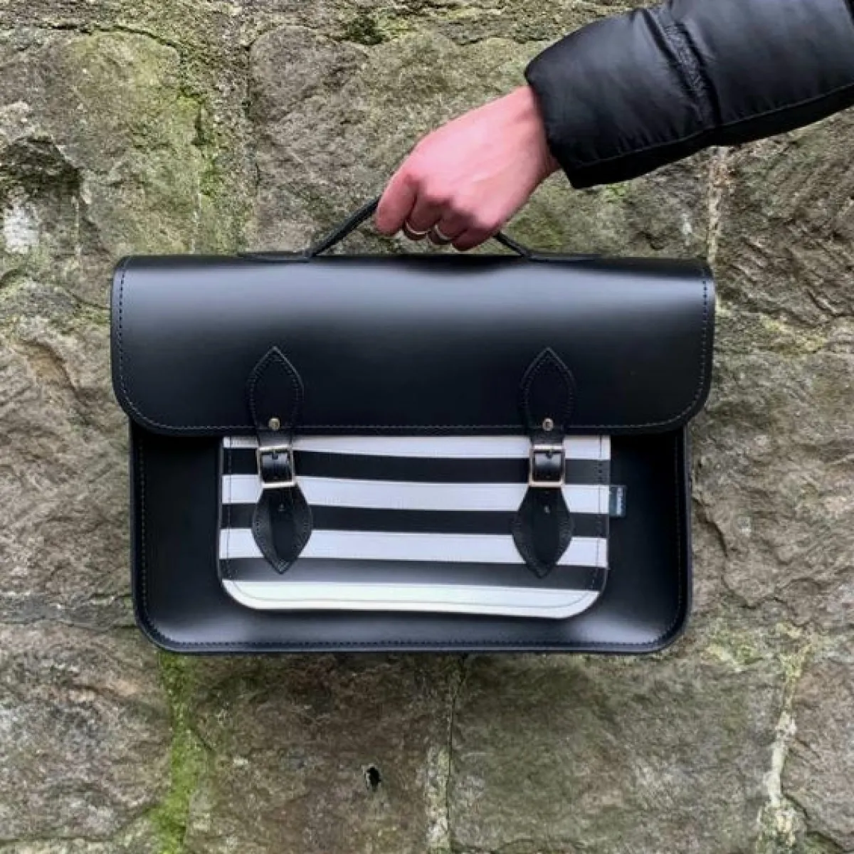 Zatchels Handmade Leather Satchel - Gothic Striped White & Black><noscript><img width=