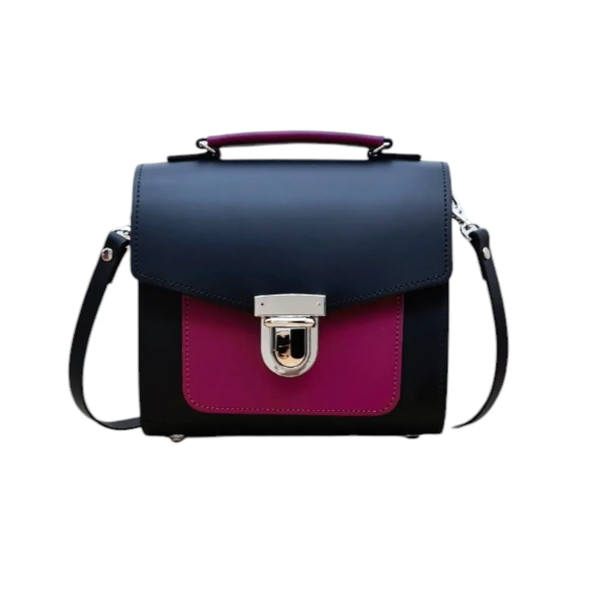 Zatchels Handmade Leather Two Tone Sugarcube Handbag Black - Magenta>Women Cross Body Bags|Sugarcubes