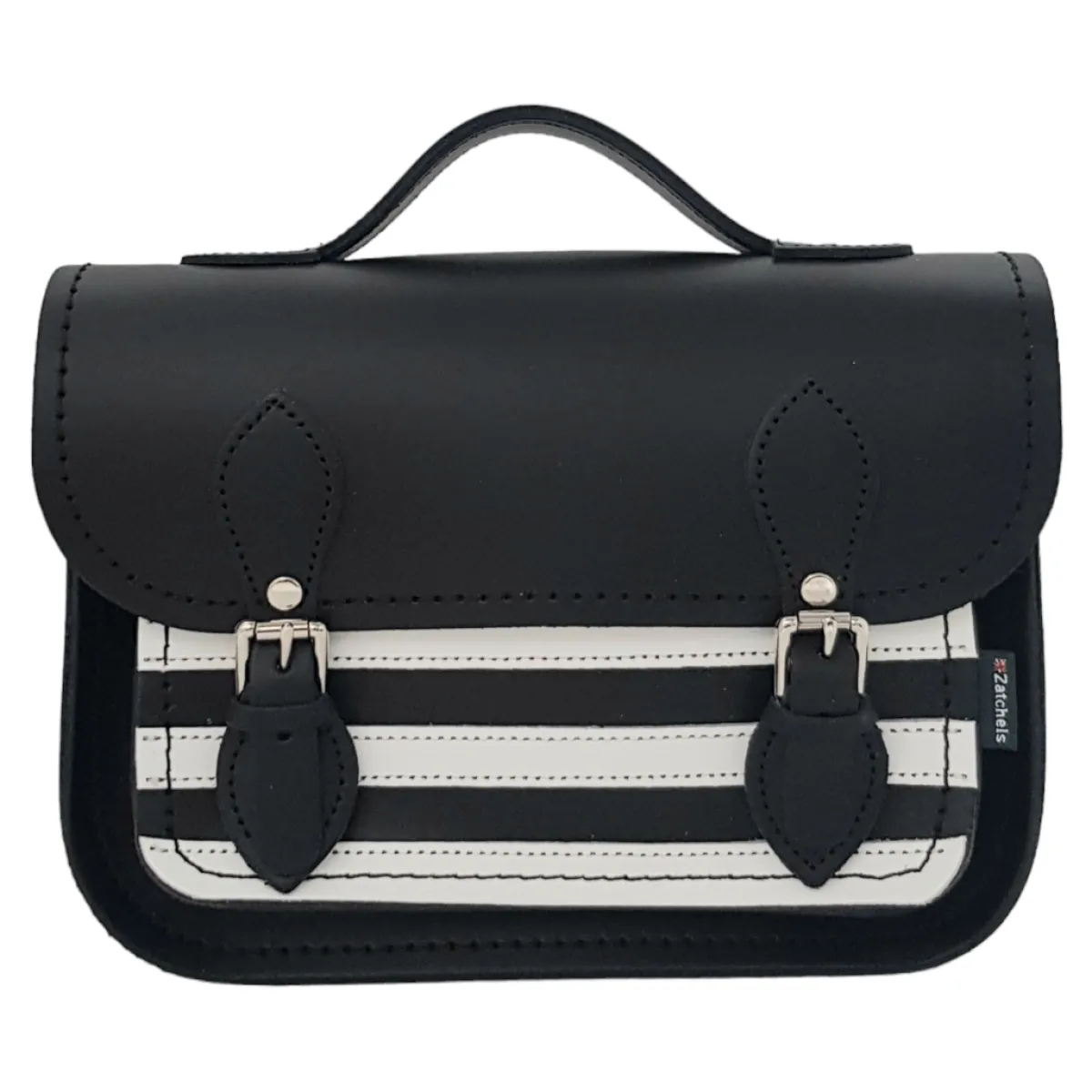 Zatchels Leather Midi Satchel - Gothic Striped White & Black>Women Small Satchels|Midi Satchels