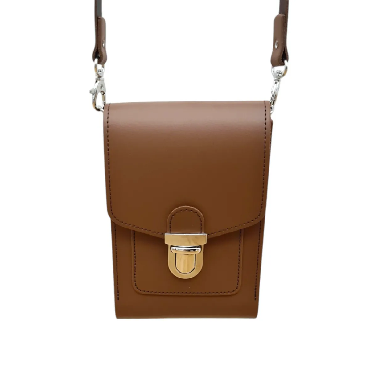 Zatchels Leather Push Lock Crossbody Phone Case - Chestnut>Women Phone Bags|Cross Body Bags
