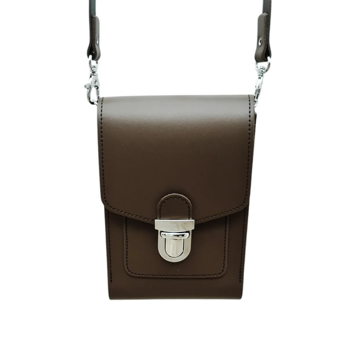 Zatchels Leather Push Lock Crossbody Phone Case - Dark Brown>Women Phone Bags|Cross Body Bags
