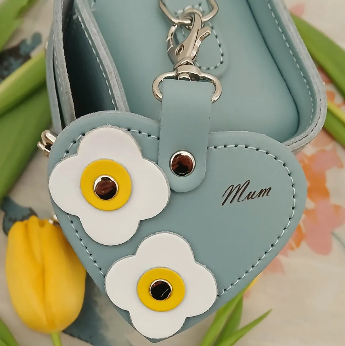 Zatchels Love heart bag charm - with 'Mum' engraving and flower appliques - Sea Green>Women Accessories And Gifts|Accessories And Gifts
