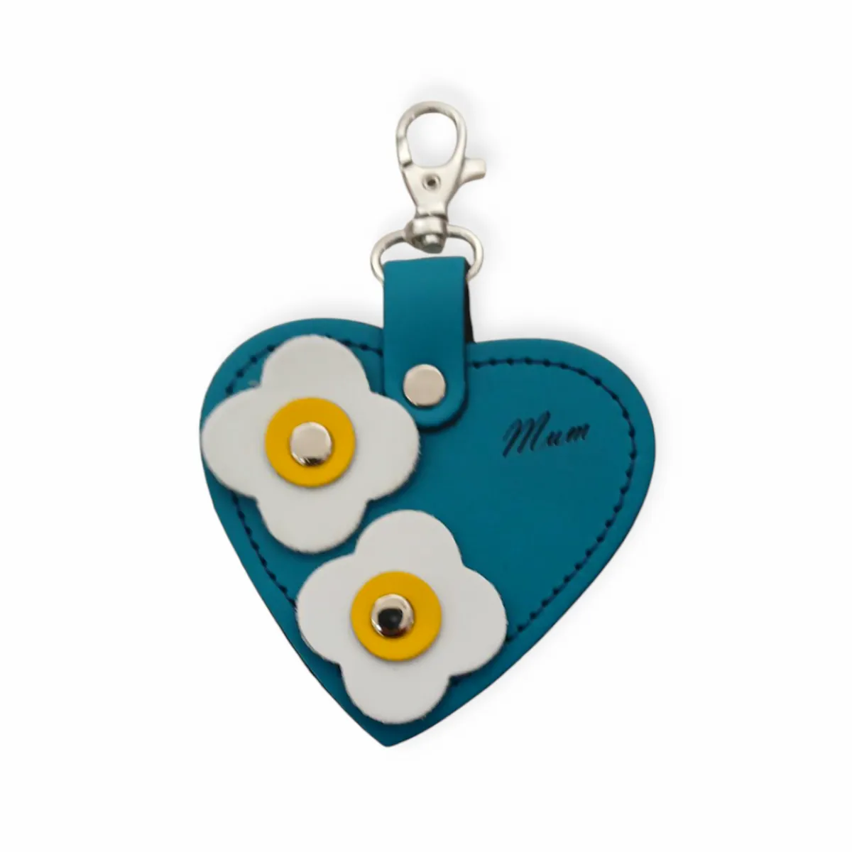 Zatchels Love heart bag charm - with 'Mum' engraving and flower appliques - Teal>Women Accessories And Gifts|Accessories And Gifts