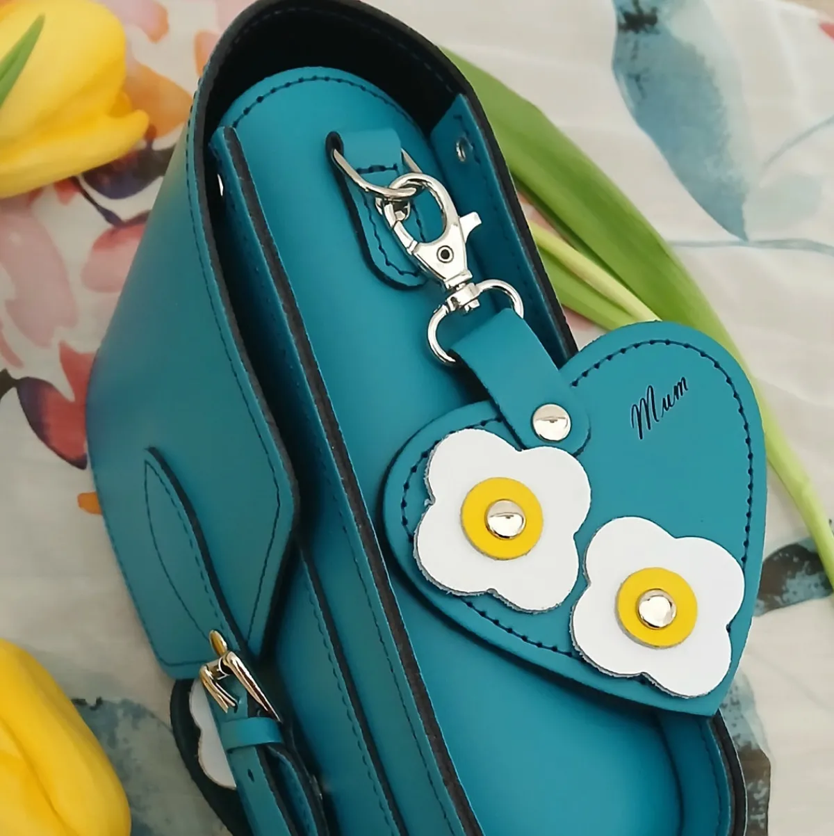 Zatchels Love heart bag charm - with 'Mum' engraving and flower appliques - Teal>Women Accessories And Gifts|Accessories And Gifts