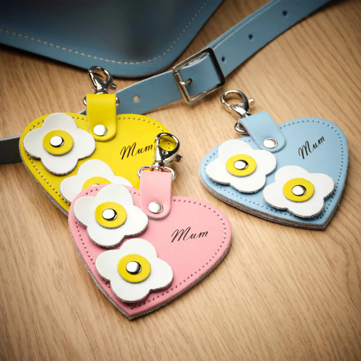 Zatchels Love heart bag charm - with 'Mum' engraving and flower appliques - Pastel Blue>Women Accessories And Gifts|Accessories And Gifts